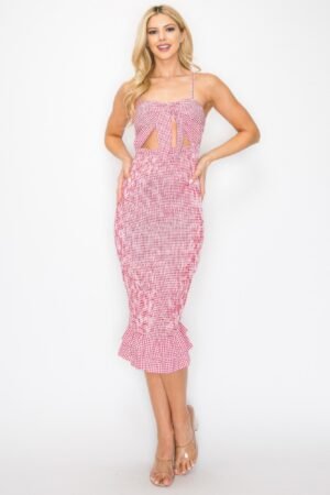 Checker Front Knot Smocked Midi Dress Checker Front Knot Smocked Midi Dress