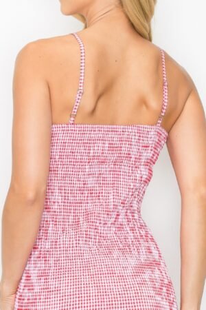 Checker Front Knot Smocked Midi Dress Checker Front Knot Smocked Midi Dress