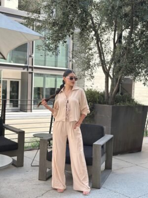 Casual Wide Leg Long Sleeve Pants Set – Front Tie Top & Relaxed Fit Pants