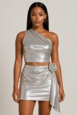 Metallic One Shoulder Crop Top Set - Image 8