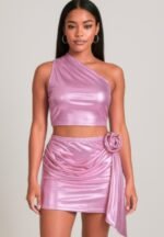 Metallic One Shoulder Crop Top Set