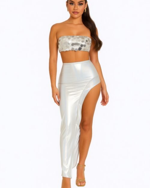 metallic sequin crop top & skirt set