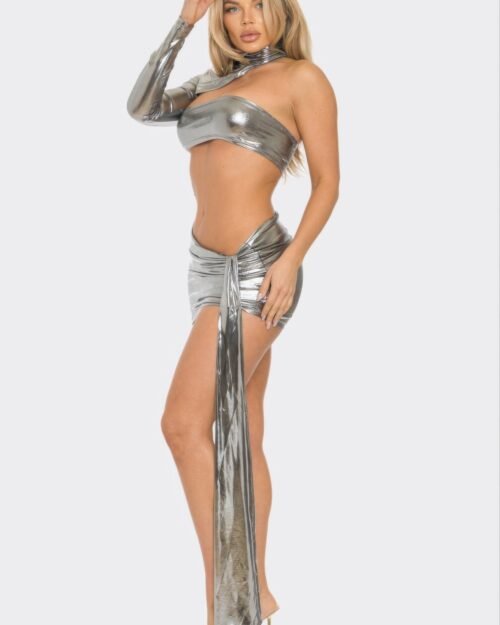 one sleeve metallic top & skirt set