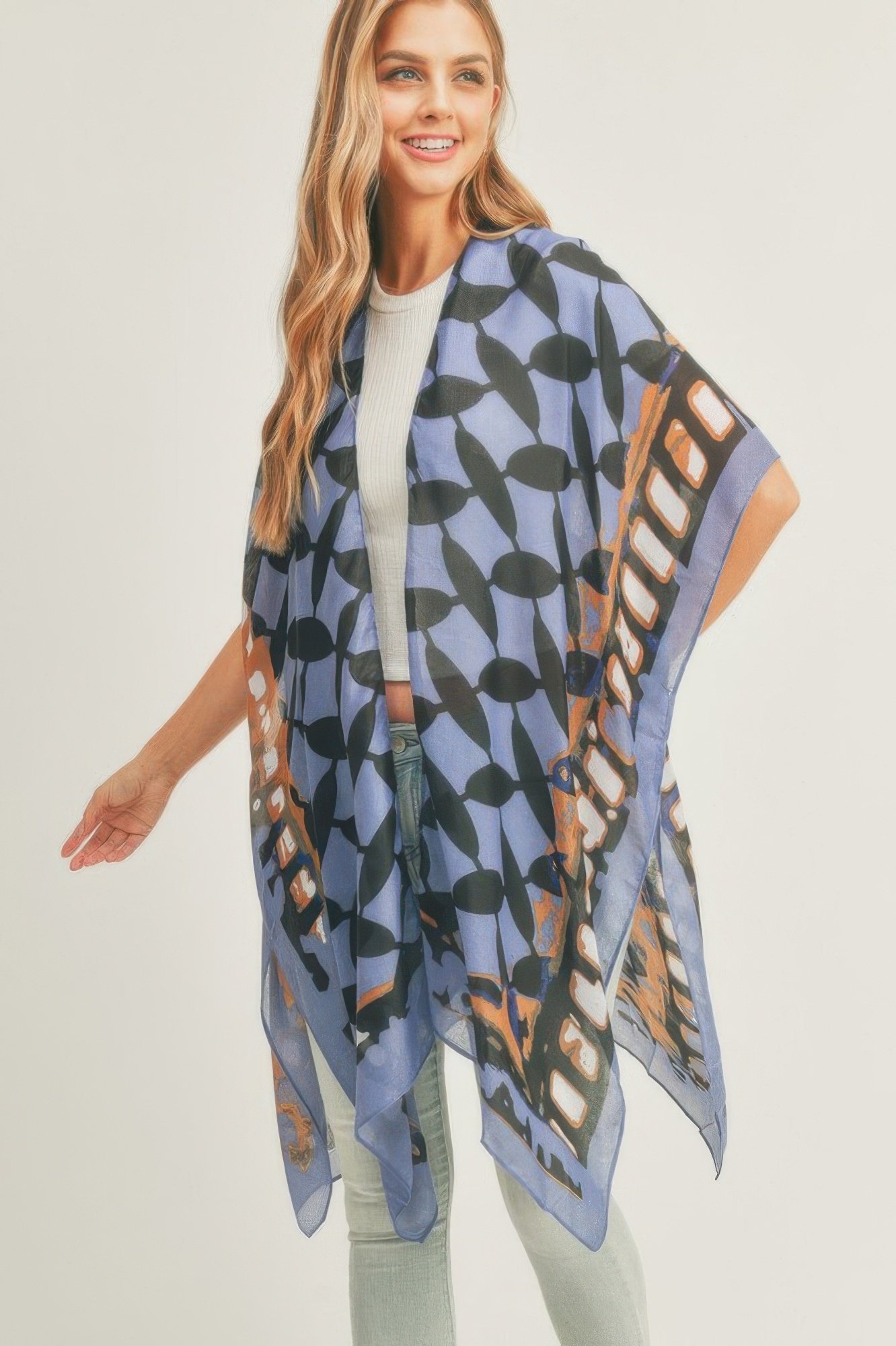 WH2250186.jpg Ombree Front And Geometric Back Print Kimono - Image 1
