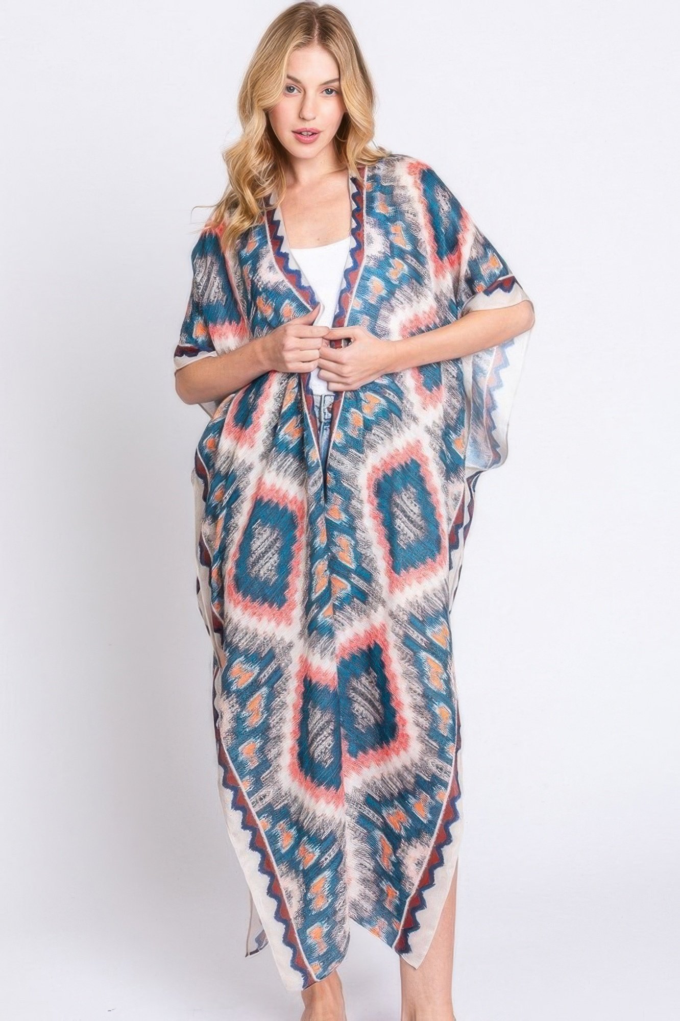 WH2250207.jpg Aztec Print Open Front Long Kimono - Image 1