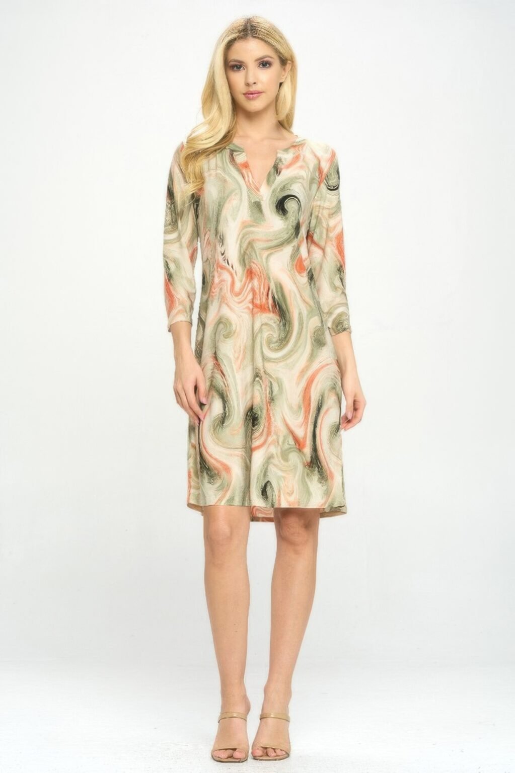 notch neck dress featuring quarter sleeve for feminine looks