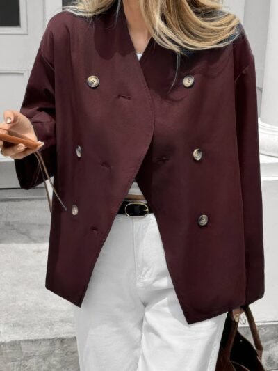 Double Breasted V Neck Trench Long Sleeve Coat