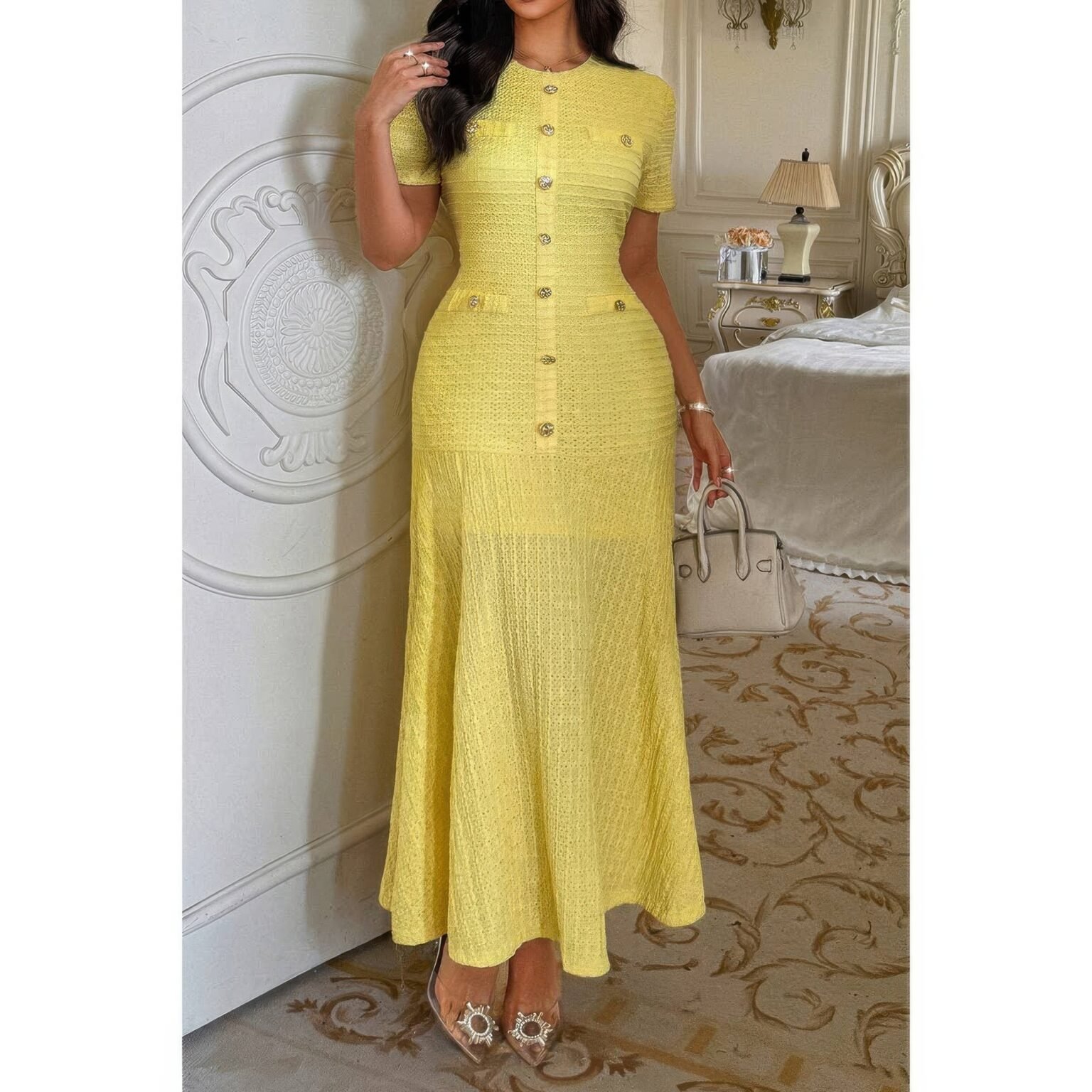 round neck button sheath dress