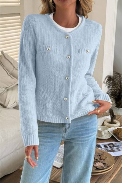 V Neck Cropped Long Sleeve Texture Knit Sweater