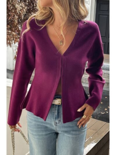Solid V Neck Raglan Sleeve Burgundy Knit Shirt