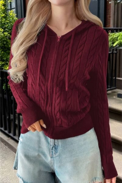 Solid Pocket Cable Knit Hooded Jacket