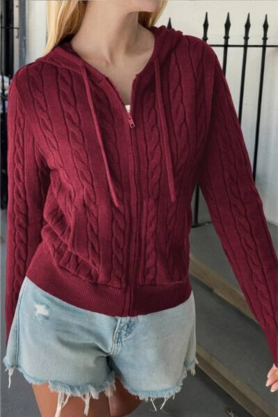 Solid Pocket Cable Knit Hooded Jacket