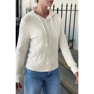 Solid Pocket Cable Knit Hooded Jacket