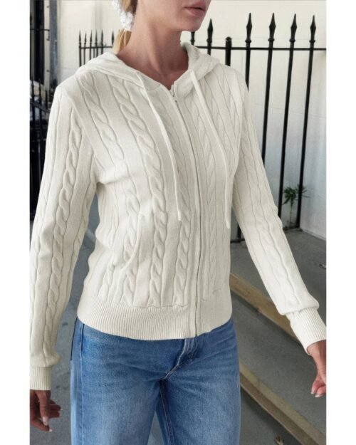 solid pocket cable knit hooded jacket