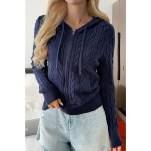 Solid Pocket Cable Knit Hooded Jacket