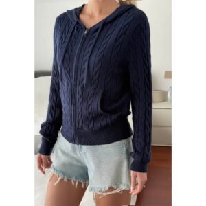 Solid Pocket Cable Knit Hooded Jacket