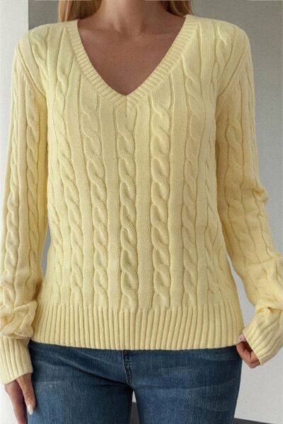 Cable Knit V Neck Long Sleeves Fit Sweater