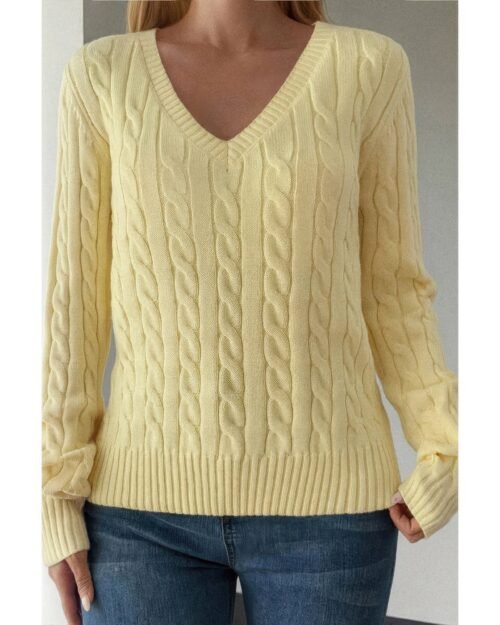 Cable Knit V Neck Long Sleeves Fit Sweater