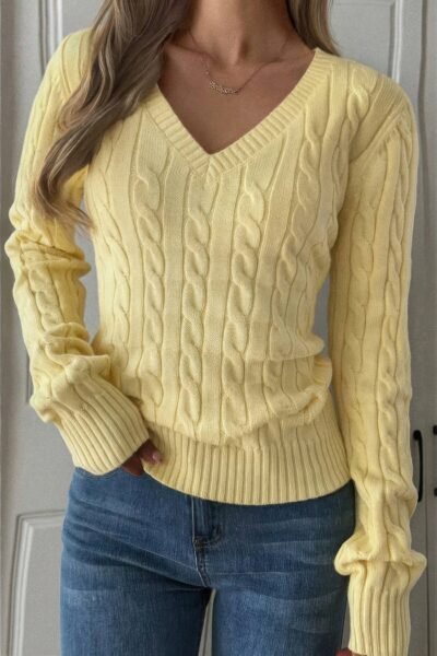 Cable Knit V Neck Long Sleeves Fit Sweater