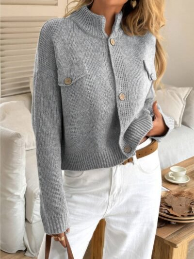 Button Down Long Sleeve Textured Knit Jacket
