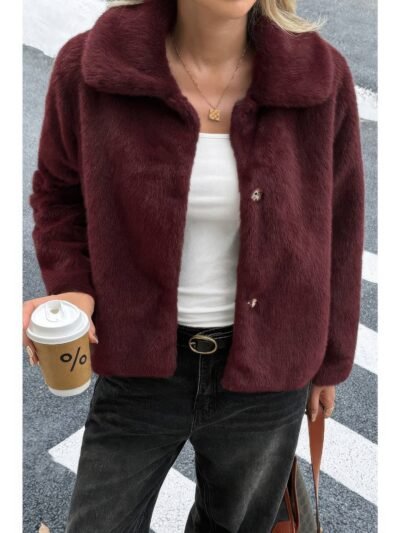 Solid Button Faux Fur Crop Jacket