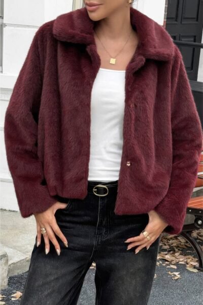 Solid Button Faux Fur Crop Jacket