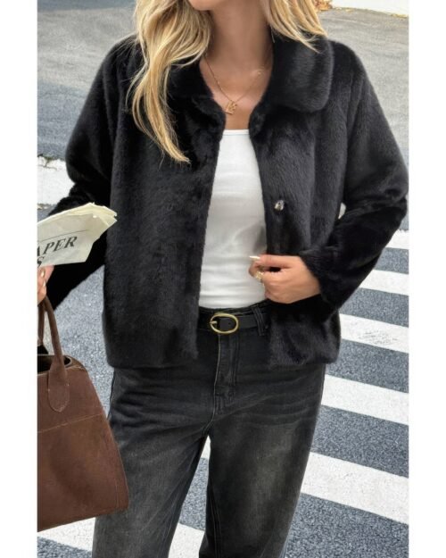 solid button faux fur crop jacket