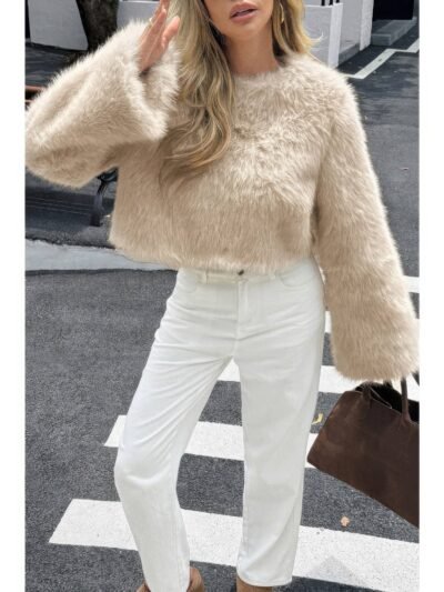 Solid Faux Fur Back Hide Zipper Pullover Coat