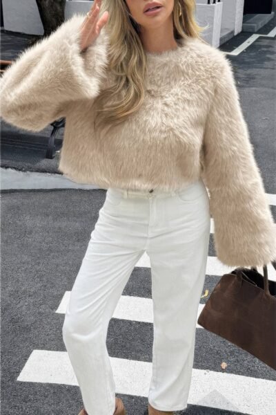Solid Faux Fur Back Hide Zipper Pullover Coat