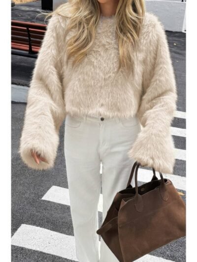 Solid Faux Fur Back Hide Zipper Pullover Coat