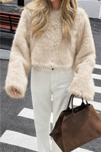 Solid Faux Fur Back Hide Zipper Pullover Coat