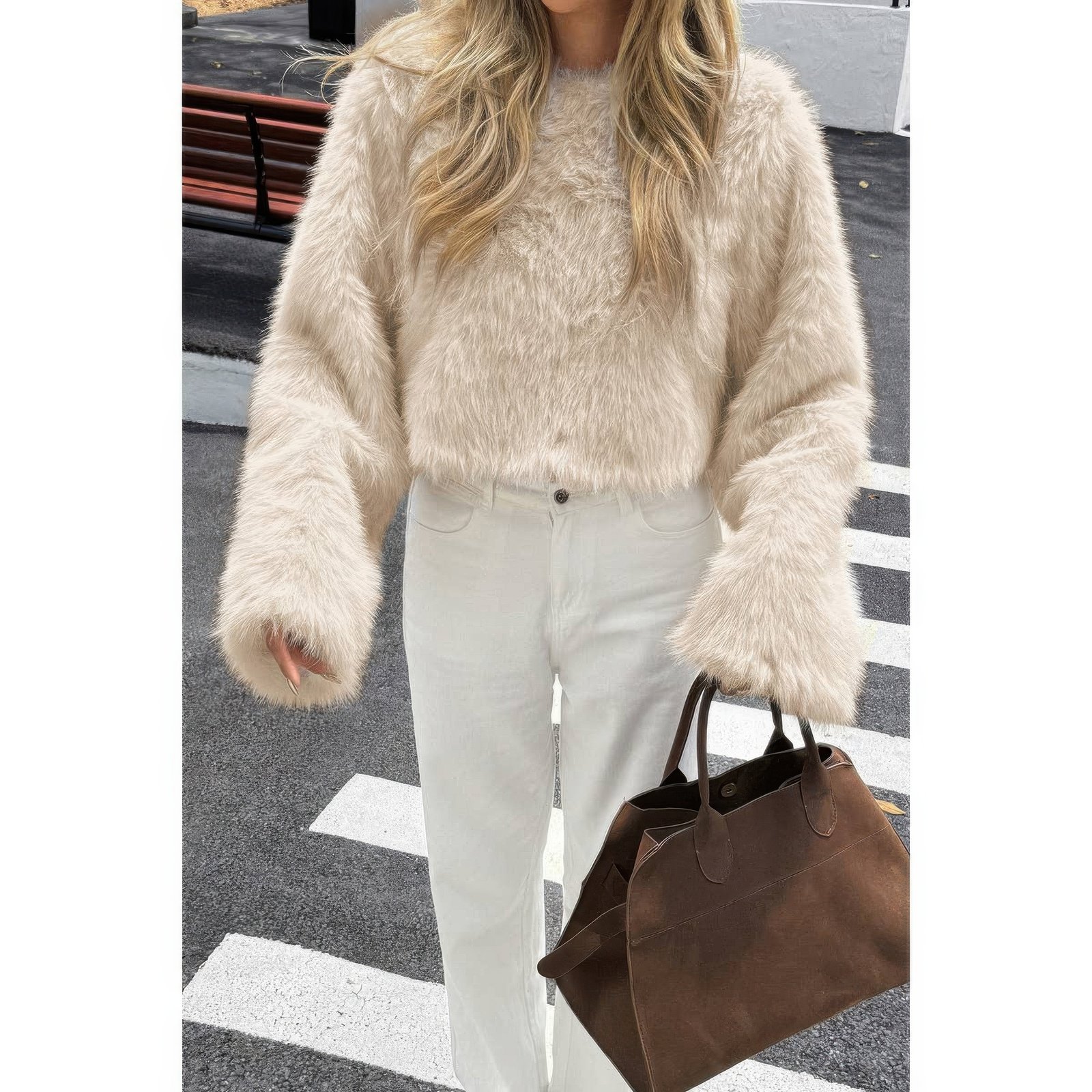 solid faux fur back hide zipper pullover coat