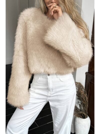 Solid Faux Fur Back Hide Zipper Pullover Coat
