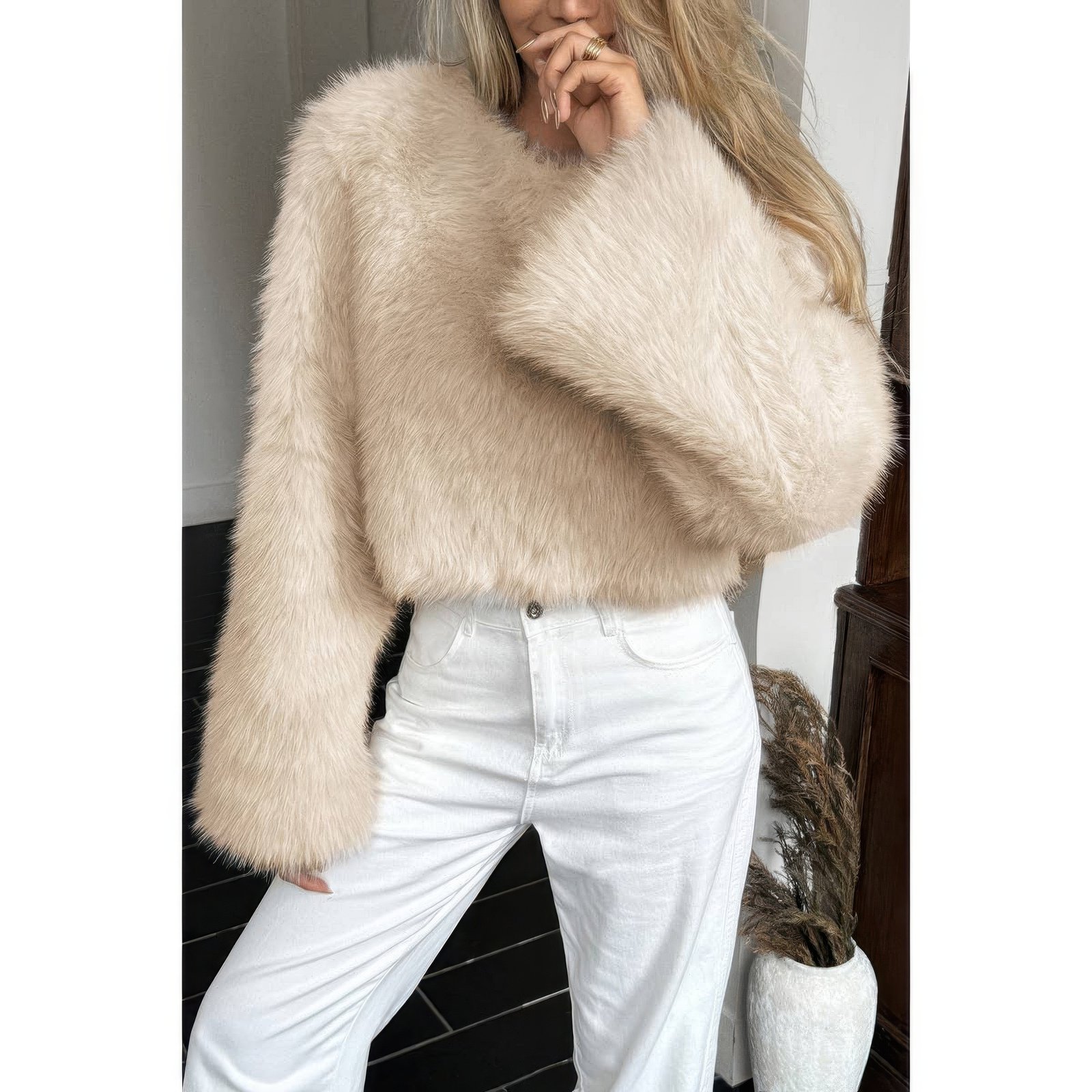 solid faux fur back hide zipper pullover coat