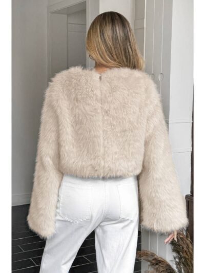 Solid Faux Fur Back Hide Zipper Pullover Coat