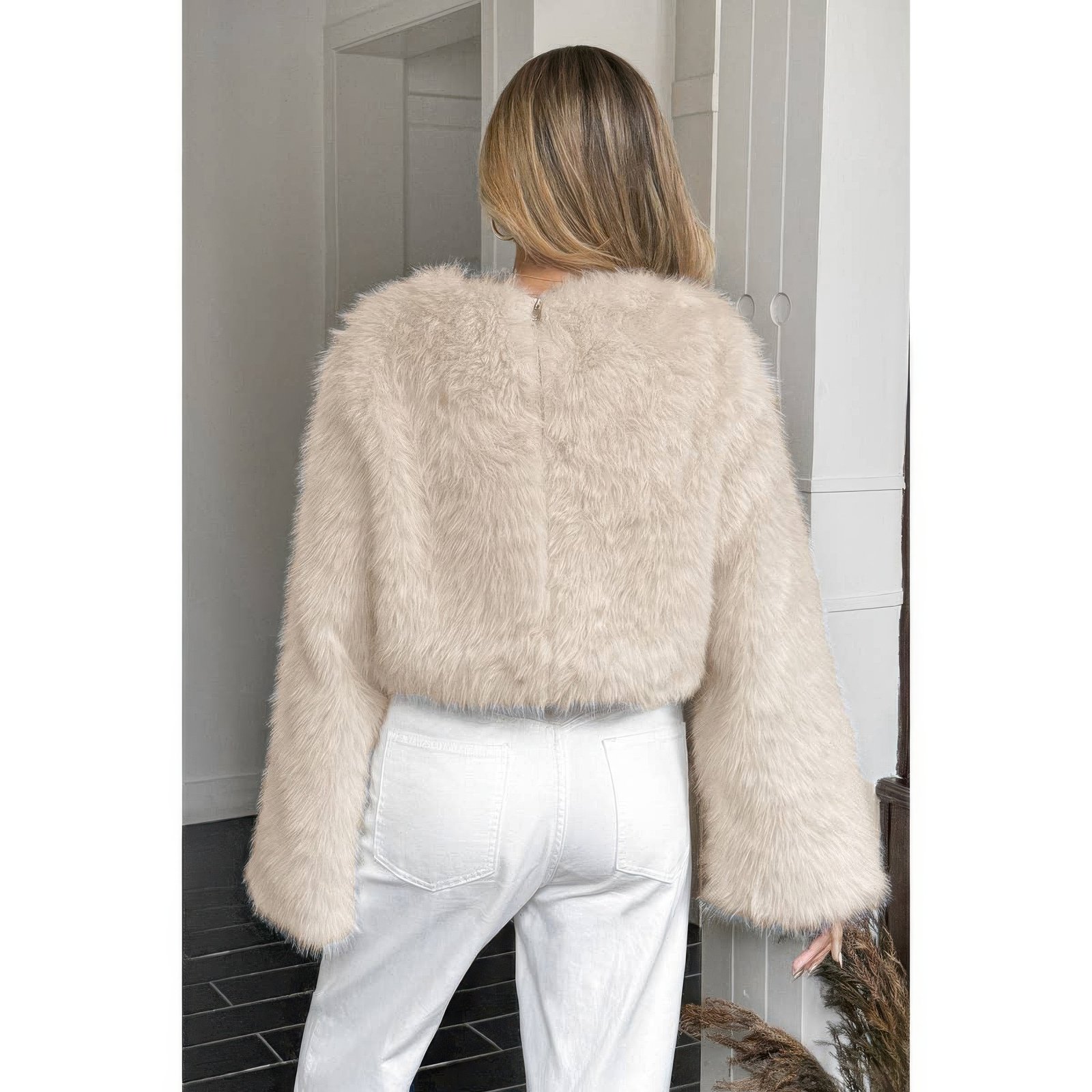 solid faux fur back hide zipper pullover coat
