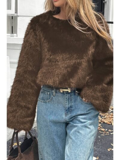 Solid Faux Fur Back Hide Zipper Pullover Coat