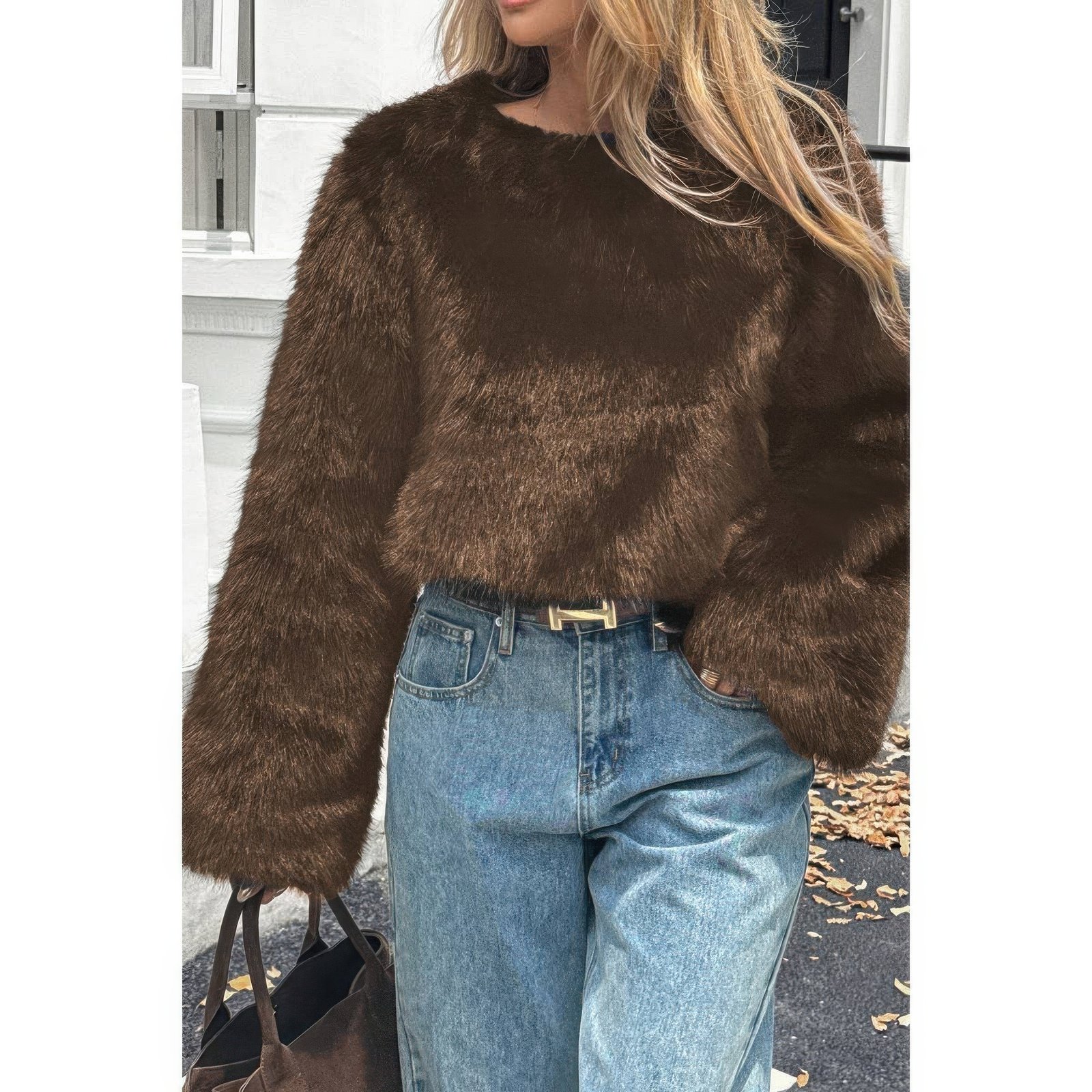 solid faux fur back hide zipper pullover coat