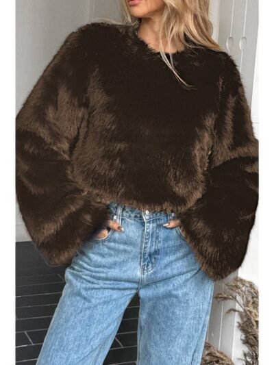 Solid Faux Fur Back Hide Zipper Pullover Coat
