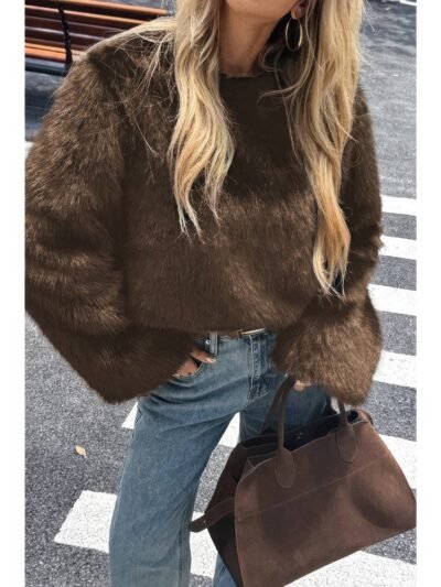 Solid Faux Fur Back Hide Zipper Pullover Coat