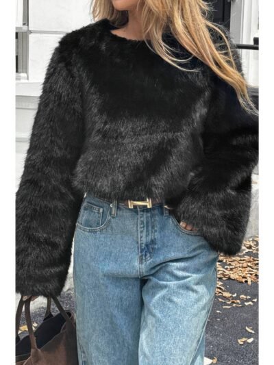 Solid Faux Fur Back Hide Zipper Pullover Coat