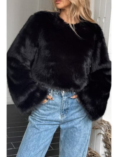 Solid Faux Fur Back Hide Zipper Pullover Coat