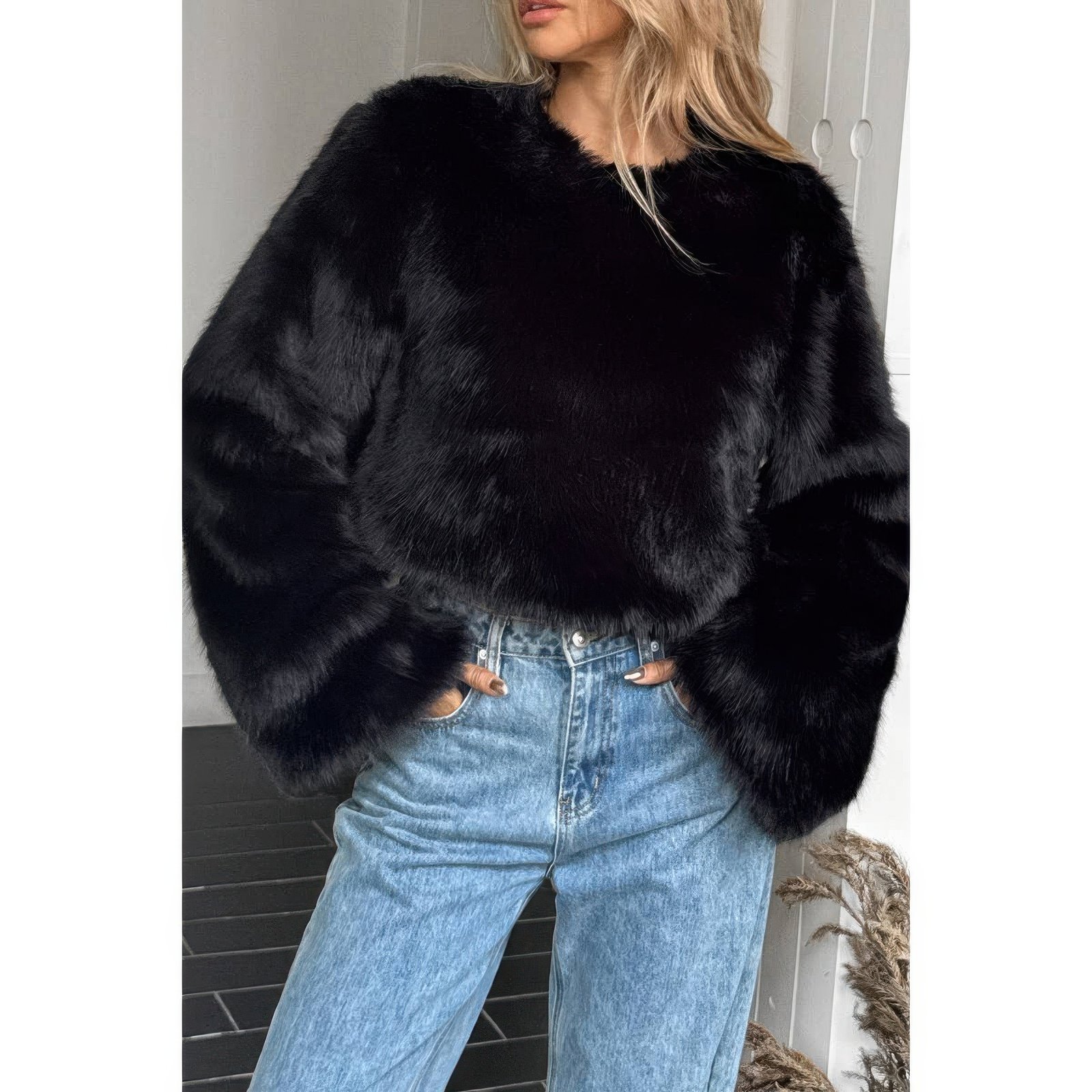 solid faux fur back hide zipper pullover coat