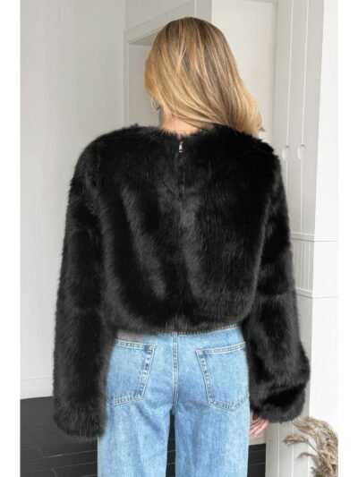 Solid Faux Fur Back Hide Zipper Pullover Coat
