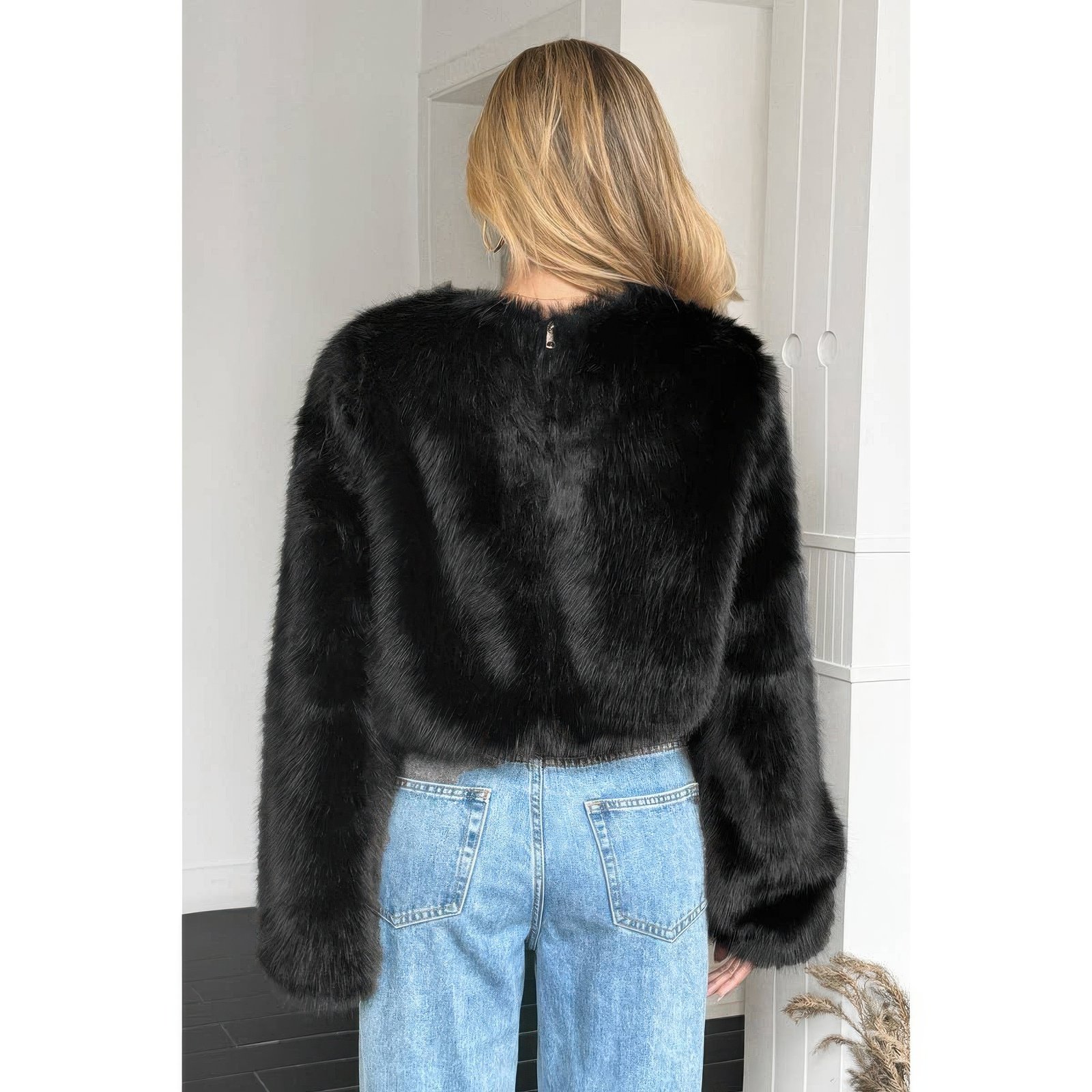 solid faux fur back hide zipper pullover coat