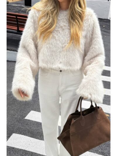 Solid Faux Fur Back Hide Zipper Pullover Coat