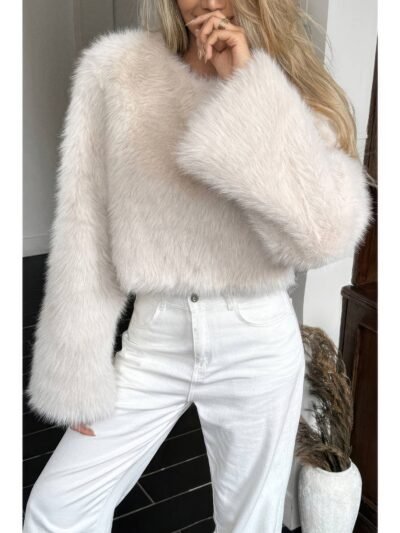 Solid Faux Fur Back Hide Zipper Pullover Coat