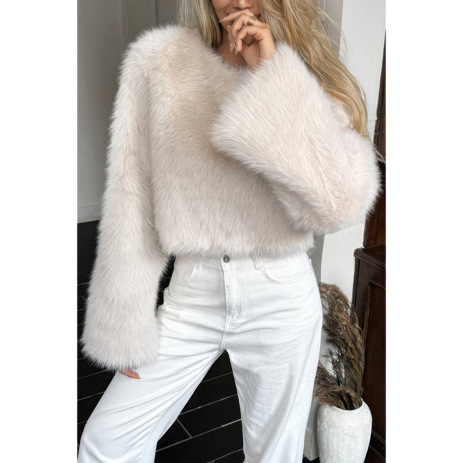 solid faux fur back hide zipper pullover coat