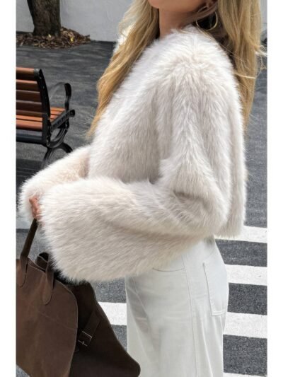 Solid Faux Fur Back Hide Zipper Pullover Coat