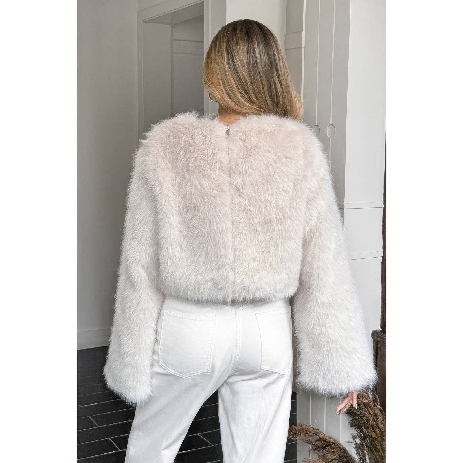 solid faux fur back hide zipper pullover coat